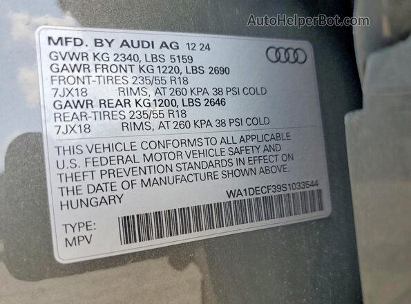 WA1DECF39S1033544 2025 AUDI Q3 Gray VIN կոդի պիտակի տեսք