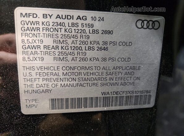 WA1DECF3XS1016784 2025 AUDI Q3 Черный Вид наклейки с VIN-кодом