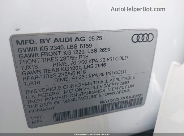 WA1DECF3XS1089931 2025 AUDI Q3 White Vista del compartimento del motor
