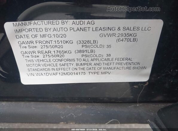 WA1DVAF12MD014175 2021 AUDI Q8 Black Вид підкапотного простору