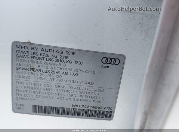 WA1DVAFP4GA052470 2016 AUDI Q5 White Engine compartment view
