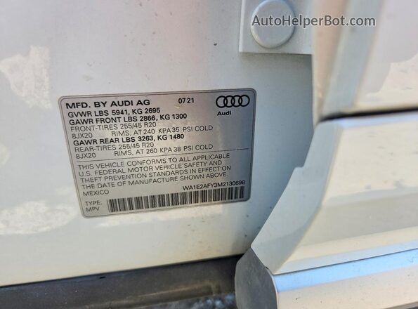 WA1E2AFY3M2130698 2021 AUDI Q5 White VIN sticker view
