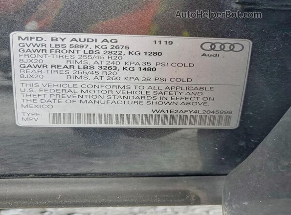 WA1E2AFY4L2045898 2020 AUDI Q5 Charcoal Widok naklejki z numerem VIN