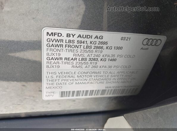 WA1E2AFY7M2069310 2021 AUDI Q5 Gray Вид підкапотного простору