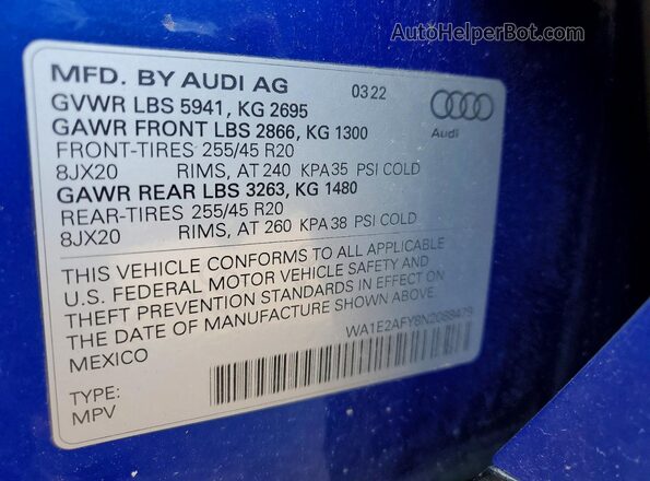 WA1E2AFY8N2088479 2022 AUDI Q5 Blue Вид наклейки з VIN-кодом