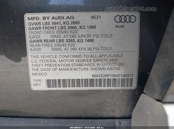 WA1E2BFY9M2108372 2021 AUDI Q5 Gray Vista del compartimento del motor