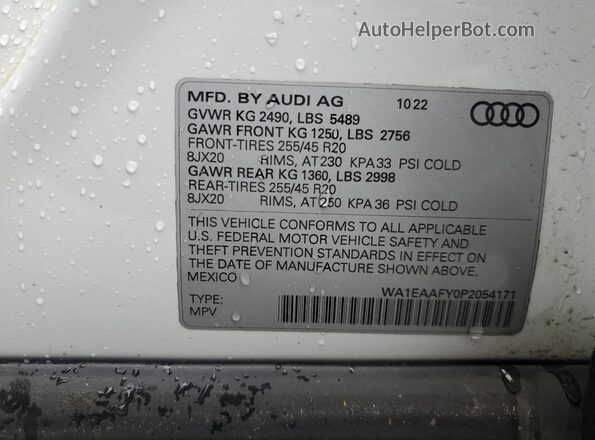 WA1EAAFY0P2054171 2023 AUDI Q5 White Вид наклейки з VIN-кодом