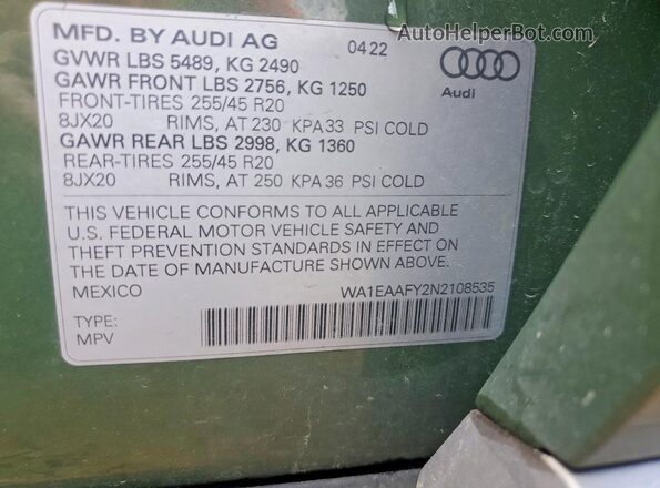WA1EAAFY2N2108535 2022 AUDI Q5 Green Vista de la etiqueta del VIN