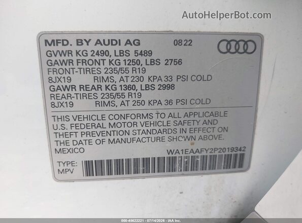 WA1EAAFY2P2019342 2023 AUDI Q5 White ძრავის განყოფილების ხედი