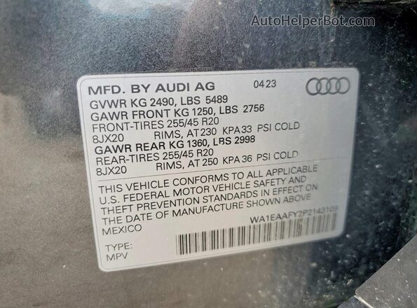 WA1EAAFY2P2143109 2023 AUDI Q5 Charcoal VIN sticker view