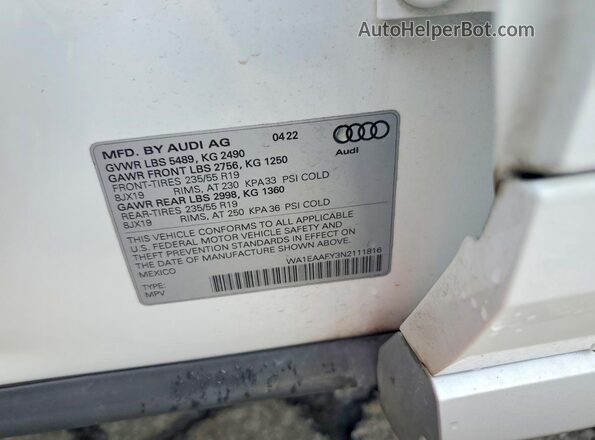 WA1EAAFY3N2111816 2022 AUDI Q5 White VIN sticker view