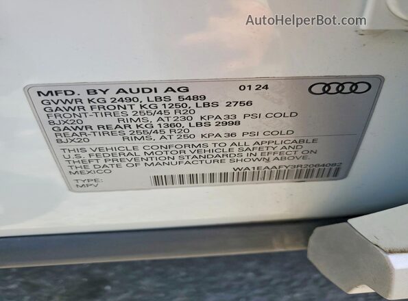 WA1EAAFY3R2064082 2024 AUDI Q5 Белый Панорамный вид салона 360°