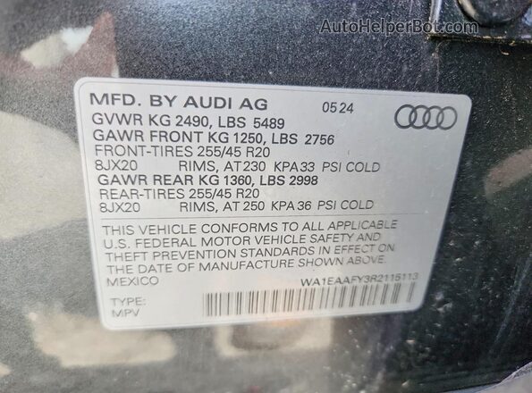 WA1EAAFY3R2115113 2024 AUDI Q5 Gray VIN կոդի պիտակի տեսք