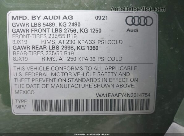 WA1EAAFY4N2014754 2022 AUDI Q5 Зеленый Вид подкапотного пространства