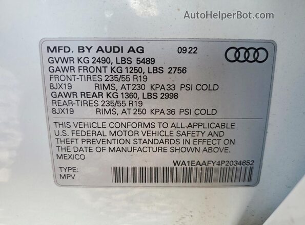 WA1EAAFY4P2034652 2023 AUDI Q5 Белый Вид наклейки с VIN-кодом