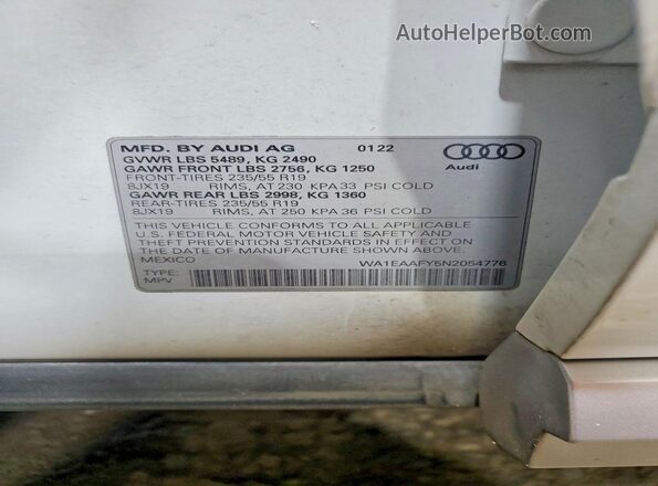 WA1EAAFY5N2054776 2022 AUDI Q5 White Vista interior de 360 grados
