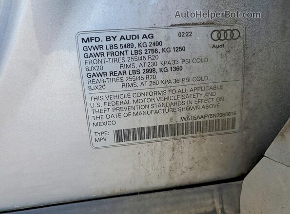 WA1EAAFY5N2065616 2022 AUDI Q5 Silver VIN კოდის სტიკერის ხედი