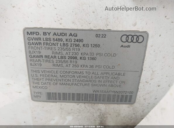 WA1EAAFY5N2072100 2022 AUDI Q5 White ძრავის განყოფილების ხედი