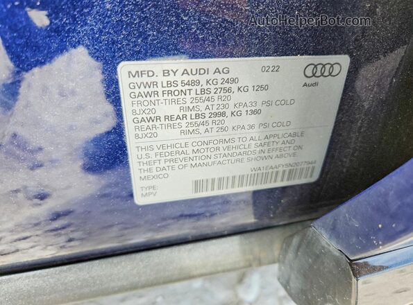 WA1EAAFY5N2077944 2022 AUDI Q5 Blue Widok naklejki z numerem VIN
