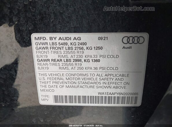 WA1EAAFY6N2020085 2022 AUDI Q5 Black Engine compartment view