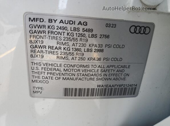 WA1EAAFY6P2124014 2023 AUDI Q5 White Widok naklejki z numerem VIN