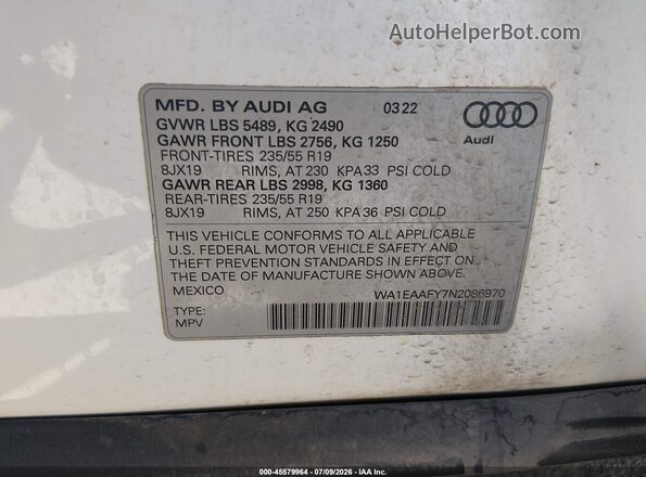 WA1EAAFY7N2086970 2022 AUDI Q5 White Vista del compartimento del motor