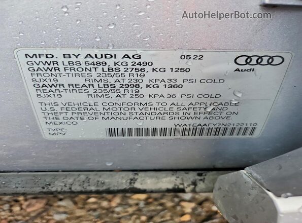 WA1EAAFY7N2122110 2022 AUDI Q5 Серебряный Вид наклейки с VIN-кодом