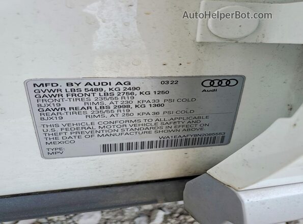 WA1EAAFY8N2085553 2022 AUDI Q5 White Widok naklejki z numerem VIN