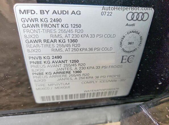 WA1EAAFYXP2002479 2023 AUDI Q5 Black VIN կոդի պիտակի տեսք