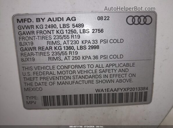WA1EAAFYXP2013384 2023 AUDI Q5 White Շարժիչի բաժամունքի տեսք