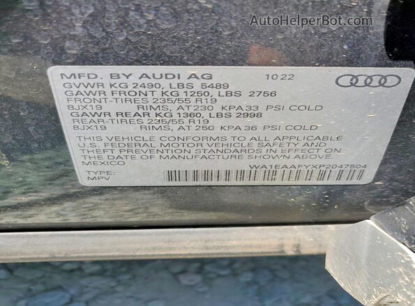 WA1EAAFYXP2047504 2023 AUDI Q5 Gray VIN կոդի պիտակի տեսք