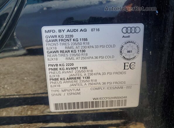 WA1ECCFS2HR004348 2017 AUDI Q3 Black VIN կոդի պիտակի տեսք