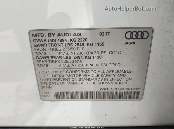 WA1ECCFS4HR017621 2017 AUDI Q3 White Engine compartment view
