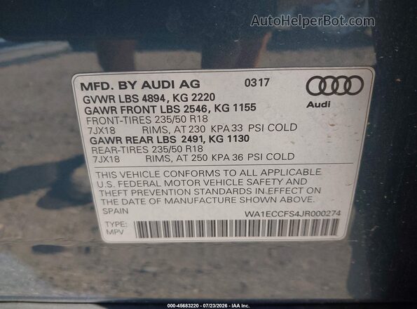 WA1ECCFS4JR000274 2018 AUDI Q3 Blue Engine compartment view