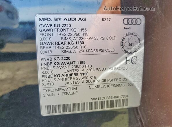 WA1ECCFS5HR017384 2017 AUDI Q3 Black Engine compartment view