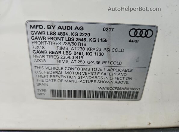 WA1ECCFS6HR015658 2017 AUDI Q3 Белый Вид наклейки с VIN-кодом