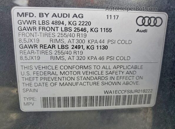 WA1ECCFS9JR018222 2018 AUDI Q3 Серый Вид наклейки с VIN-кодом