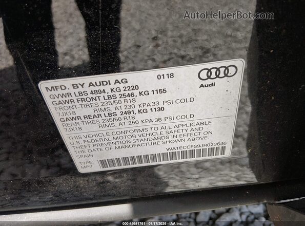 WA1ECCFS9JR023646 2018 AUDI Q3 Black Вид підкапотного простору