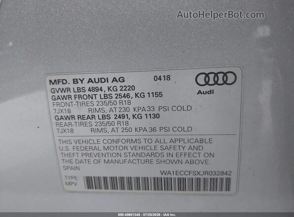 WA1ECCFSXJR032842 2018 AUDI Q3 Серый Вид подкапотного пространства