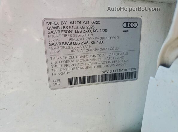 WA1EECF31M1014820 2021 AUDI Q3 White 360 interior view