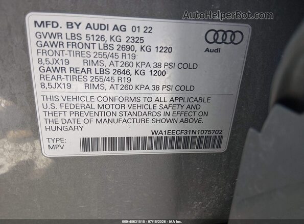 WA1EECF31N1075702 2022 AUDI Q3 Gray Widok komory silnika
