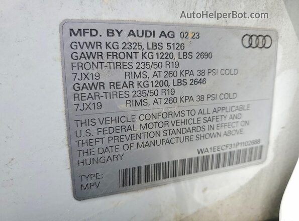 WA1EECF31P1102688 2023 AUDI Q3 White Widok wnętrza 360 stopni