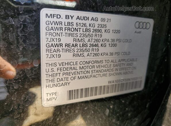 WA1EECF33N1033113 2022 AUDI Q3 Black Vista del compartimento del motor