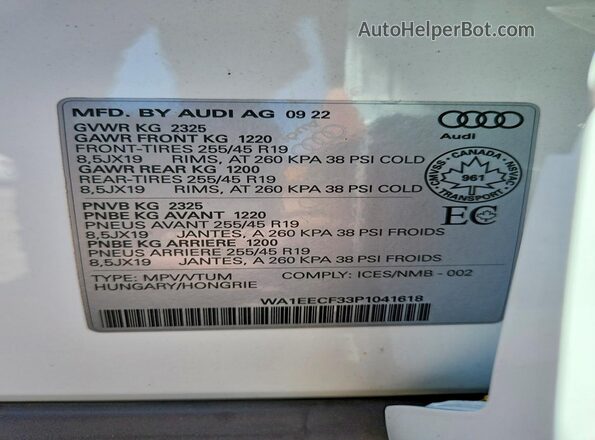 WA1EECF33P1041618 2023 AUDI Q3 White Вид наклейки з VIN-кодом