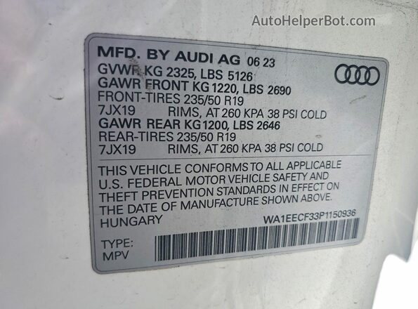 WA1EECF33P1150936 2023 AUDI Q3 White Вид наклейки з VIN-кодом