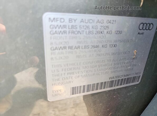 WA1EECF34M1117603 2021 AUDI Q3 Gray Widok wnętrza 360 stopni