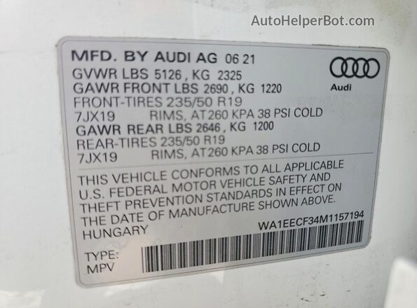 WA1EECF34M1157194 2021 AUDI Q3 White სალონის 360-გრადუსიანი ხედი