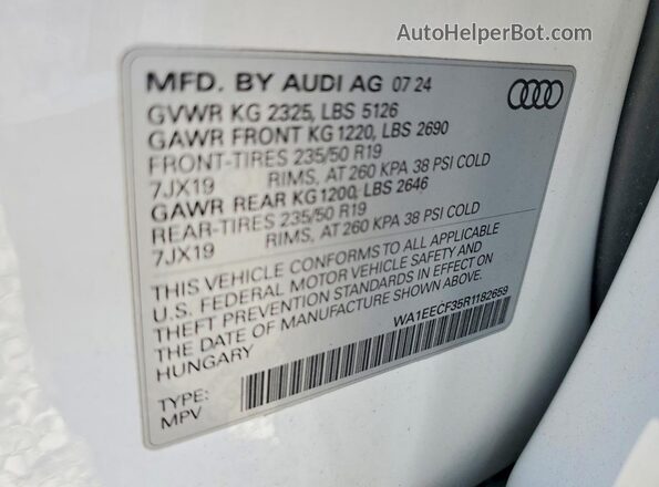 WA1EECF35R1182659 2024 AUDI Q3 White VIN კოდის სტიკერის ხედი