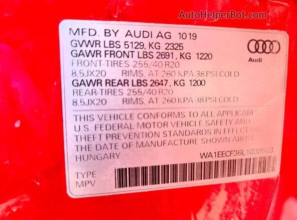 WA1EECF36L1038903 2020 AUDI Q3 Red Vista de la etiqueta del VIN