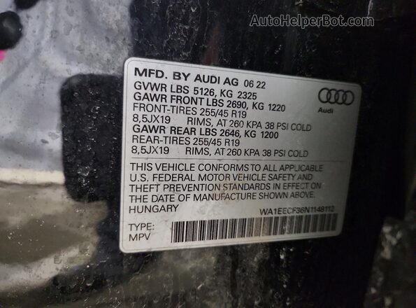 WA1EECF36N1148112 2022 AUDI Q3 Black VIN კოდის სტიკერის ხედი